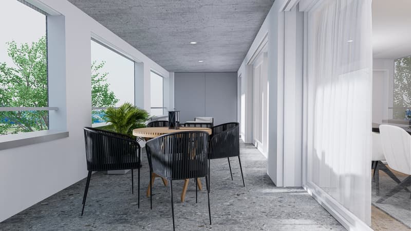 Modern styled balcony with large windows, modern chairs and a table, plants