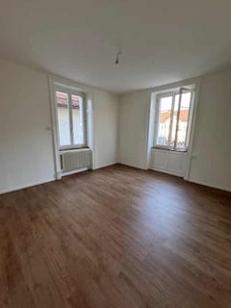empty room, wooden floor, white walls, two windows, radiator