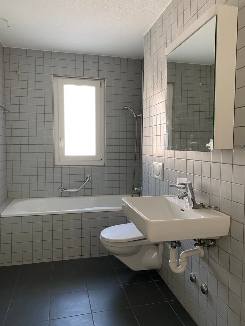 Bathroom with bathtub, toilet, sink, mirror, and shower head