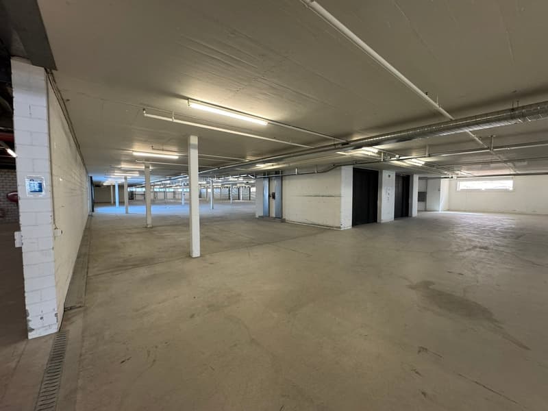 Empty parking garage with white walls and floors, white and red pipes attached to ceiling