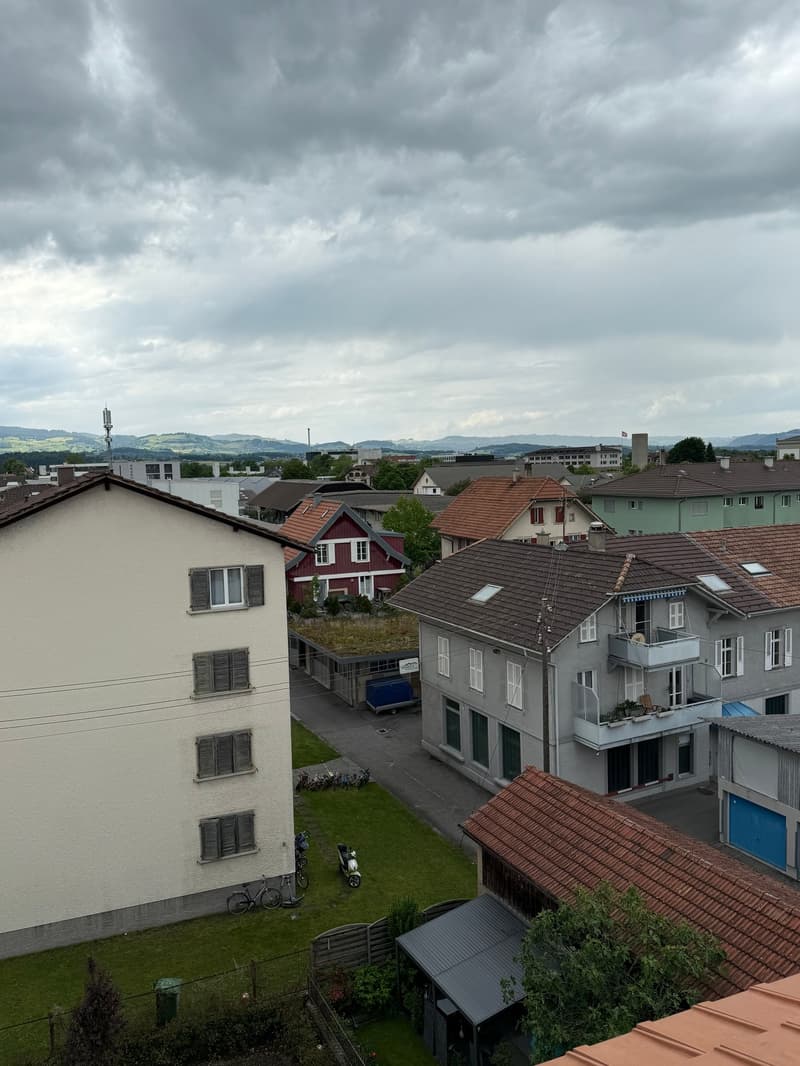 The image shows a view of a residential neighborhood with a mix of multi-story apartment buildings and single-family homes with red tile roofs. The buildings are surrounded by lush greenery, and the scene is set against a backdrop of cloudy, overcast skie
