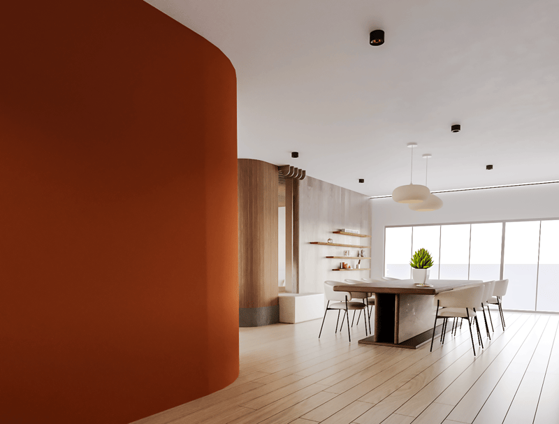 Dining area with large windows, wooden floor, modern furniture, large table, chairs, plant on table, white walls, ceiling lights