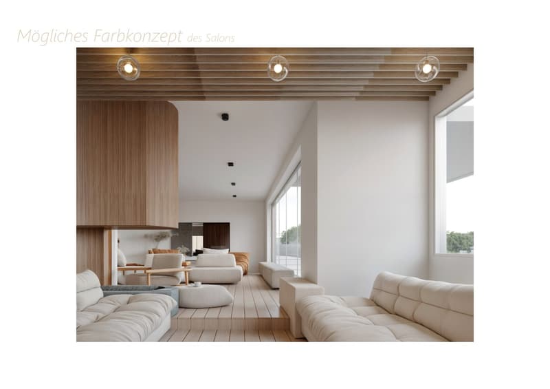 modern living room with white leather couches, wooden floor, large windows, wooden ceiling