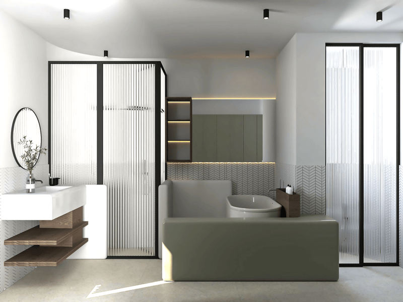 modern bathroom with white sink, bathtub, shelves, mirror, and glass doors