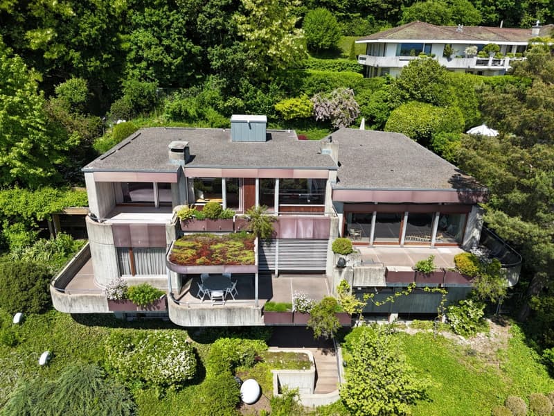 Modern house, multiple levels, green roof, balcony, surrounded by greenery