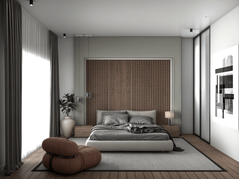 Modern bedroom with wooden floor, large bed, wooden nightstands, decorative pillows, large window, gray curtains, decorative plant, decorative rug, decorative lamp, decorative wall panel