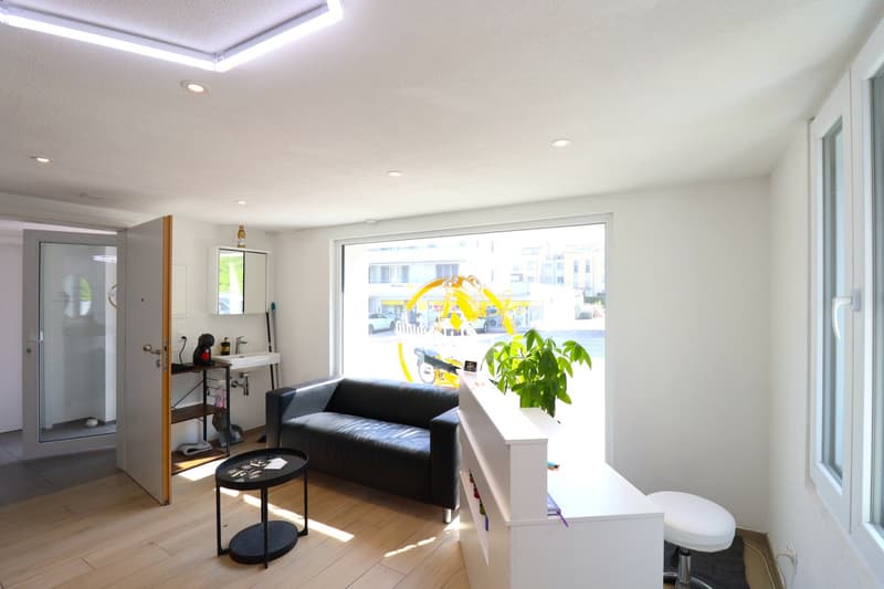Bright and modern living room with large windows, black leather sofa, coffee table, and a potted plant. The room has a balcony or terrace visible through the window.