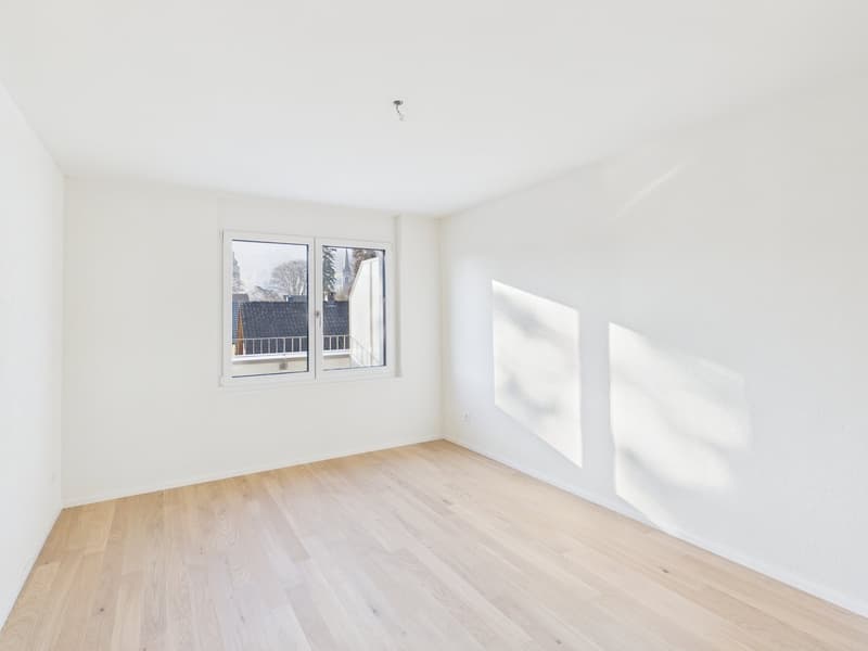 empty room, large window, wooden floor, white walls