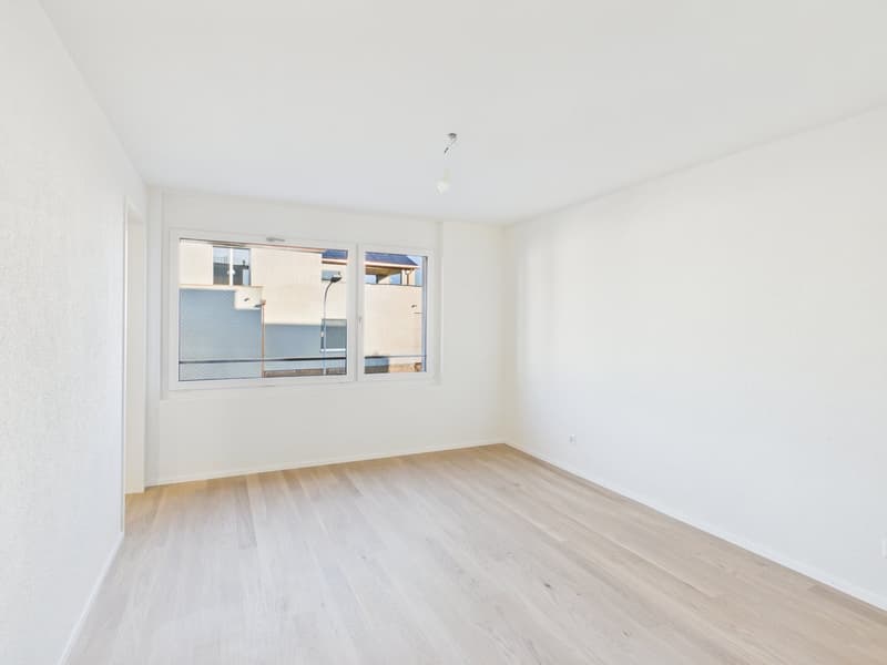 Empty room, wooden floor, white walls, large windows