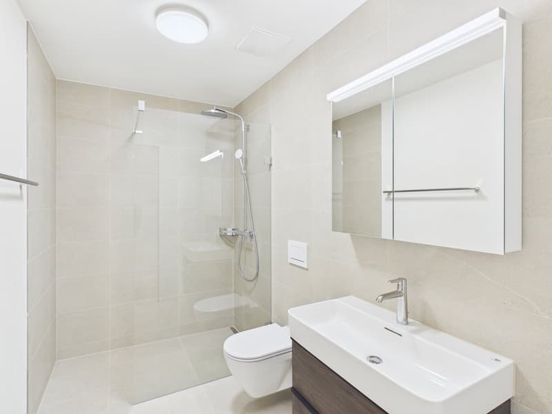 tiled floor, glass shower, white toilet, white sink, mirror, light fixture