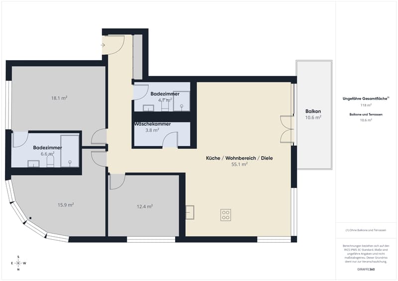 living room, kitchen, 2 bedrooms, 2 bathrooms, balcony