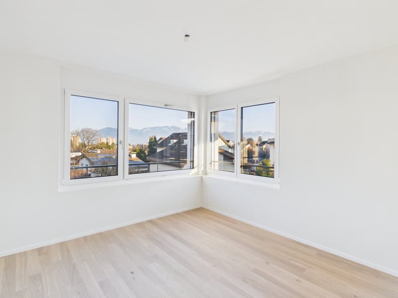 Empty room, white walls, wooden floor, large windows with mountain views