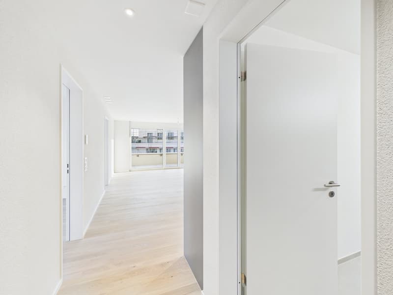 light wood floor, white walls, open door, balcony, large windows