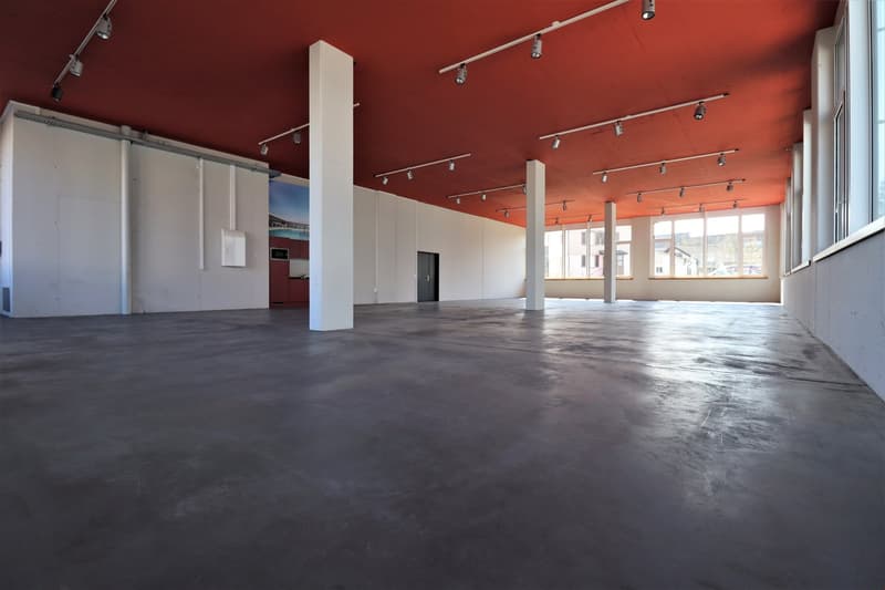 large open space, concrete floor, red ceiling, white walls, track lighting, large windows