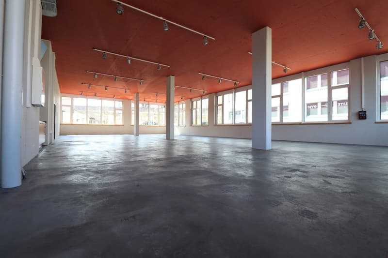 Empty room with concrete floor, white walls, large windows, and track lighting on the ceiling.