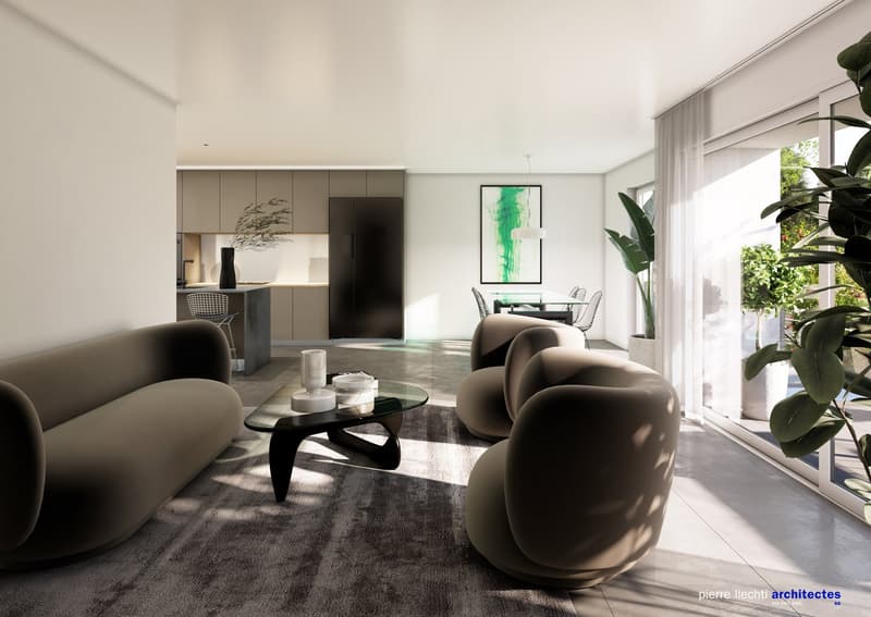 Spacious living room with large windows, modern furniture including a glass coffee table and comfortable sofas, and a kitchen area visible in the background.