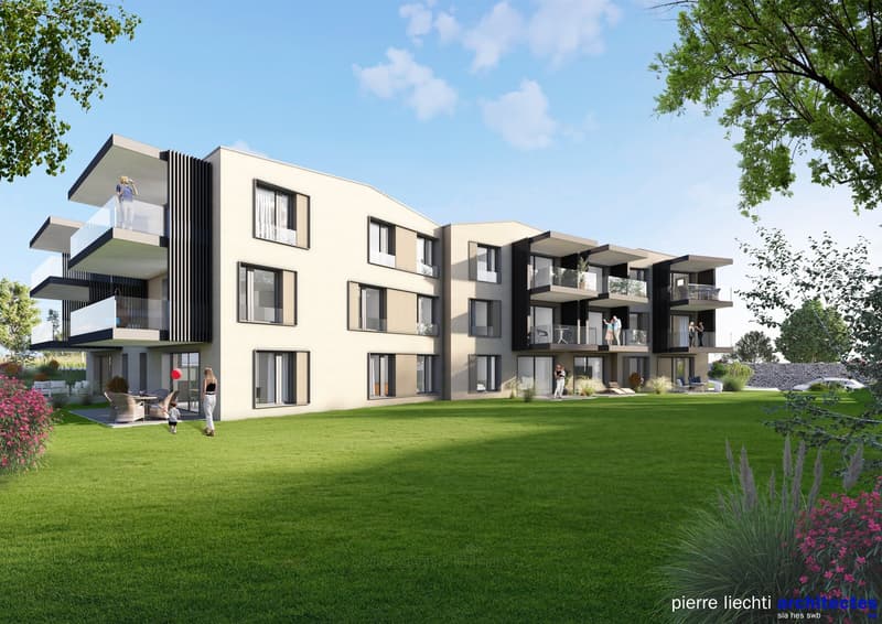 3-story modern apartment building with clean, minimalist design. Balconies on each unit, parking spaces in front of the building, surrounded by a well-manicured lawn and landscaping.