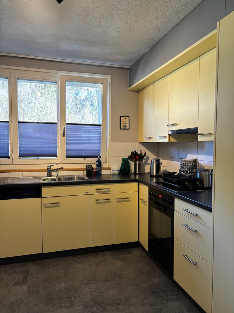 The image shows a modern kitchen with yellow cabinets, black countertops, and large windows overlooking the outdoors. The kitchen is equipped with a stove, oven, and a dishwasher, which is visible in the image.