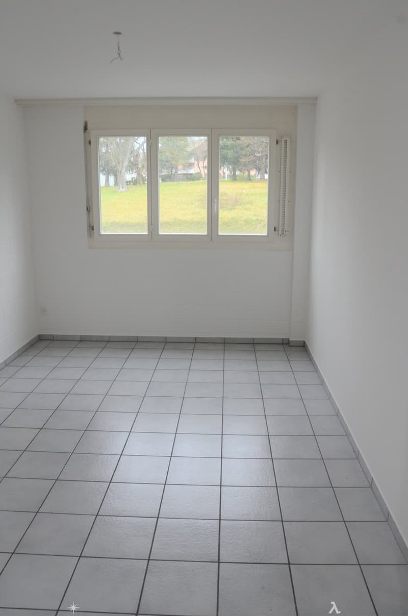 an empty room with white tiled floor, a window with white frame and view of a grassy field