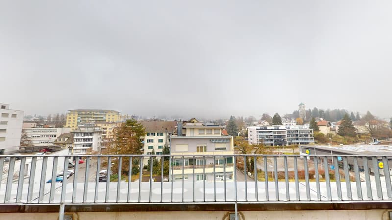 urban area, multiple buildings, parking area, greenery, residential setting, rooftop view