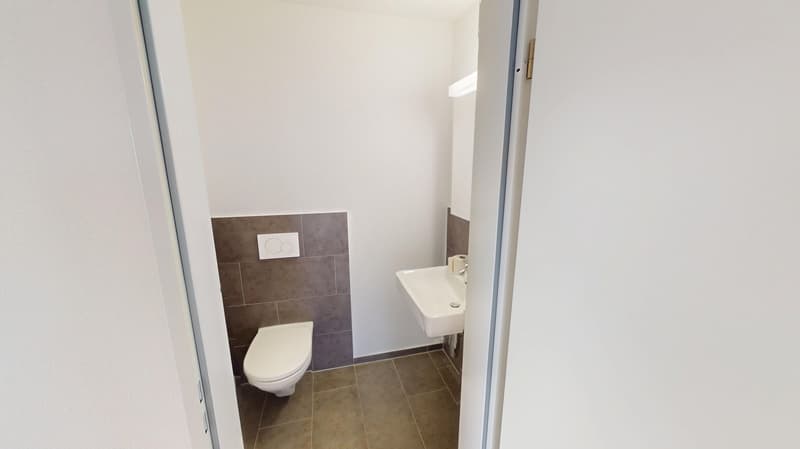 Small bathroom with a toilet, sink, and a toilet roll holder on the wall. White walls and floor tiles.