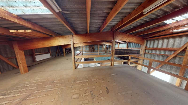 spacious room with wooden truss ceiling and support beams, open area with wooden handrails, concrete floor with stains