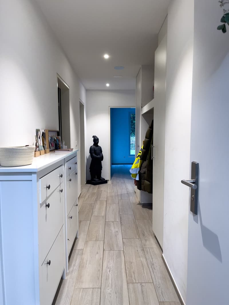 A hallway with wooden flooring, white walls, a white cabinet with drawers, a statue, and a blue door.