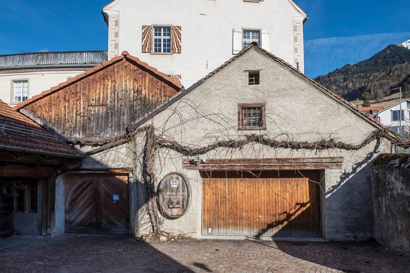 Two garages, wooden doors, vine, brick paved ground
