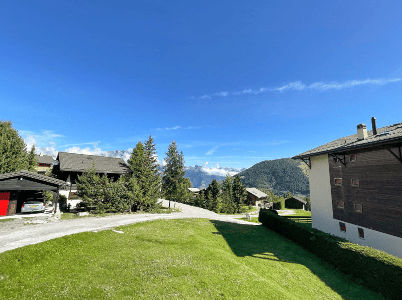 Mountain house, garage, green lawn, mountain view