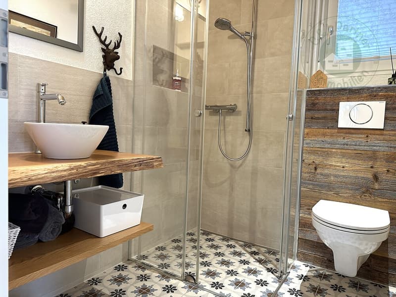 Charmantes Bad im Erdgeschoss mit Dusche, Lavabo und WC