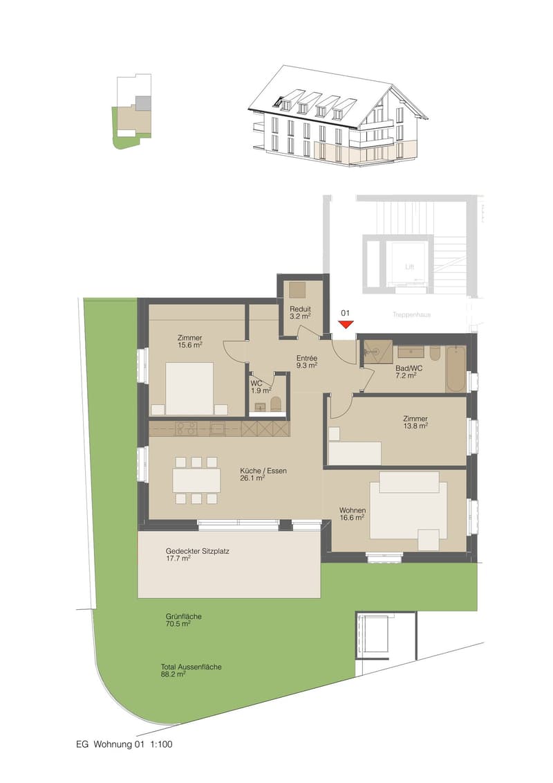 The floor plan shows a 2-bedroom apartment with a living room, kitchen/dining area, bathroom, and a covered terrace or balcony.