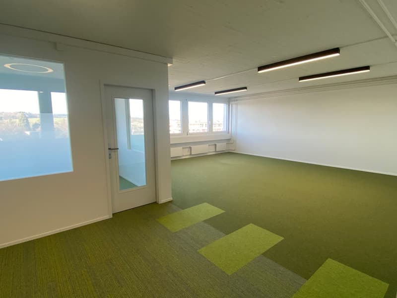 spacious room with white walls, green flooring, and glass doors; visible windows, ceiling lights, and a view of the outdoors
