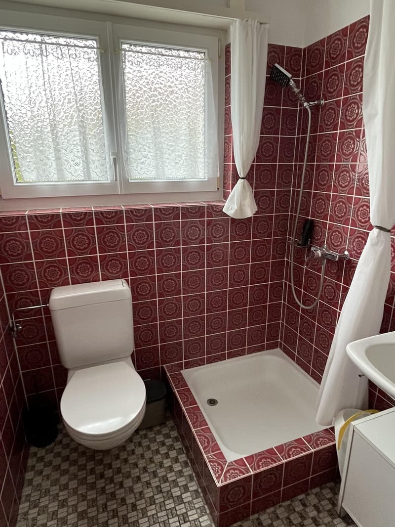 red tiled walls, white toilet, red tiled shower, sink, window with curtains