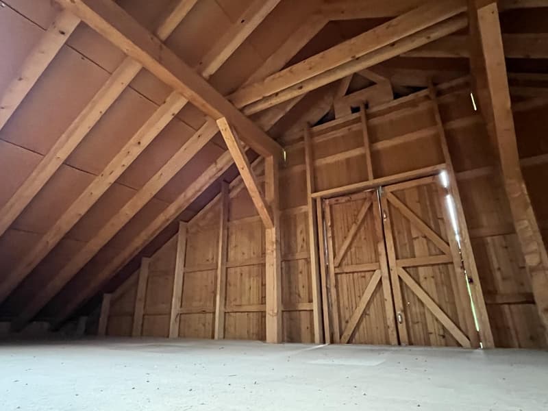 exposed wooden beams, wooden walls, unfinished