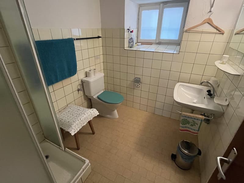 small bathroom with shower, toilet, sink, shelf, window