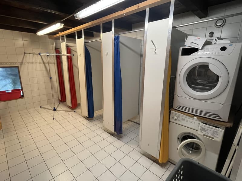 Dryers, washers, white tiled floor, metal storage racks, windows