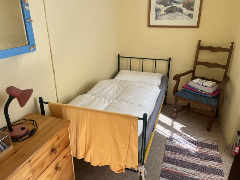 Single bed, wooden chair, bedside lamp, rug, wooden dresser, mirror, framed painting