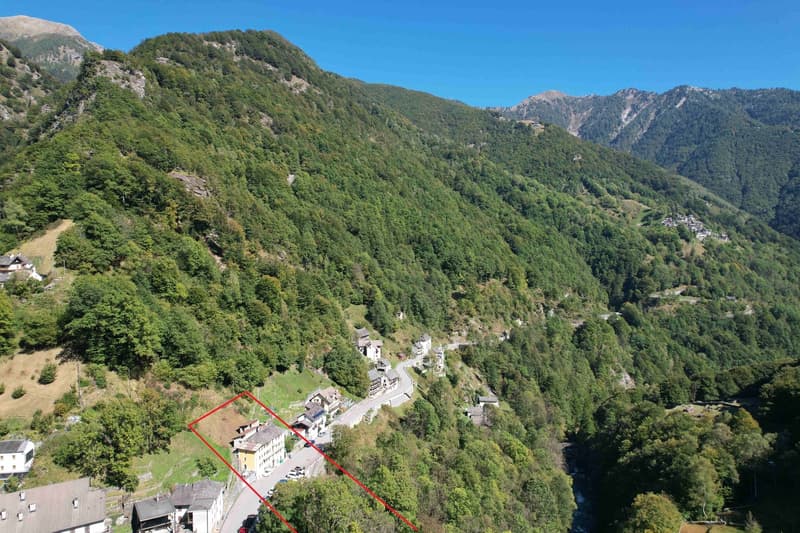 Mountain house, surrounded by trees, located on a slope, with a road passing by