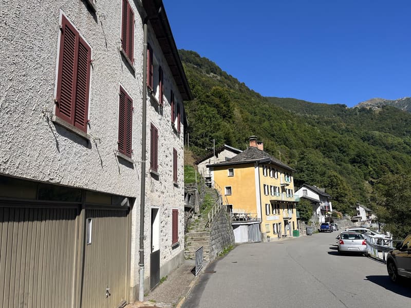 Buildings with garages, road with parked cars, mountains in the background