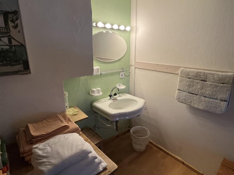 Sink, mirror, towel rack, toilet paper roll, towels
