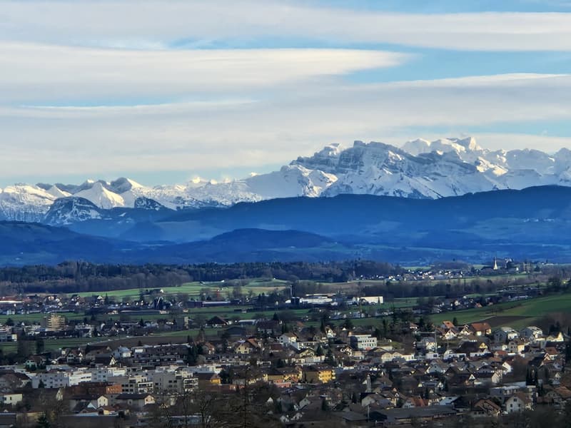 Snowy mountains, residential buildings, farmland, clear blue sky with clouds, village