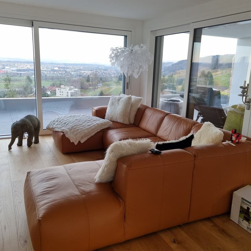 Brown leather sofa, white blankets, 4 cushions, wooden floor, large windows, balcony with railing, chandelier, elephant decoration, city view