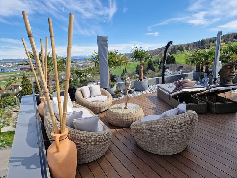 wooden terrace, sitting areas, vases, palm trees, round table, decorative items, storage boxes, panoramic views, urban landscape