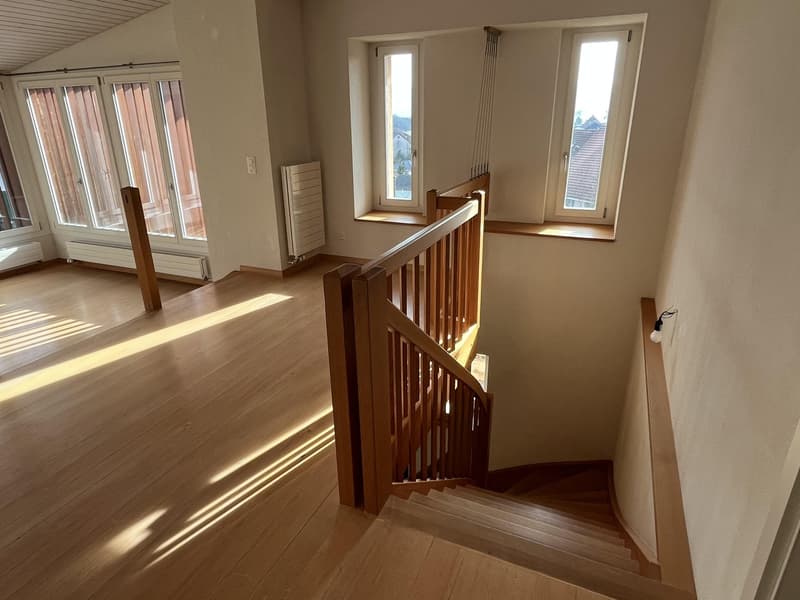 Staircase, wooden floor, windows, heater, railings