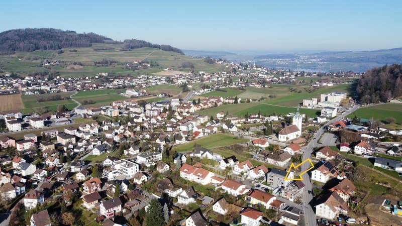 Aerial view of a town with many houses, green fields, and a church in the center.