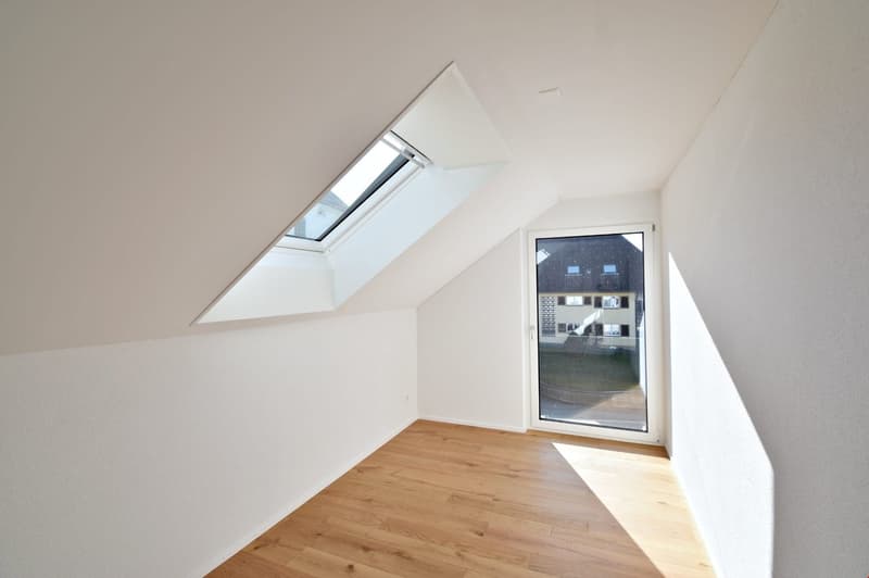 empty room, wooden floor, white walls, glass door, skylight