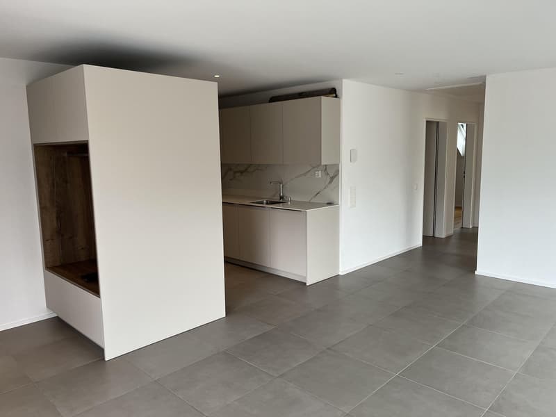 modern kitchen with white cabinets, marble countertop, stainless steel sink, faucet, tiled floor, wooden closet, white walls