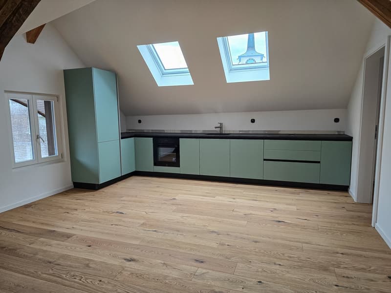 kitchen with wooden floor, green cabinets, two skylights, window, sink, oven