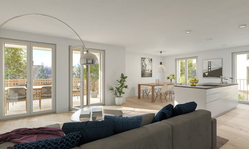 Open concept living room and kitchen, large windows with access to a balcony, modern furniture including a gray sofa, wooden dining table and chairs, kitchen island with a cooktop, and various decor elements like plants and artwork.