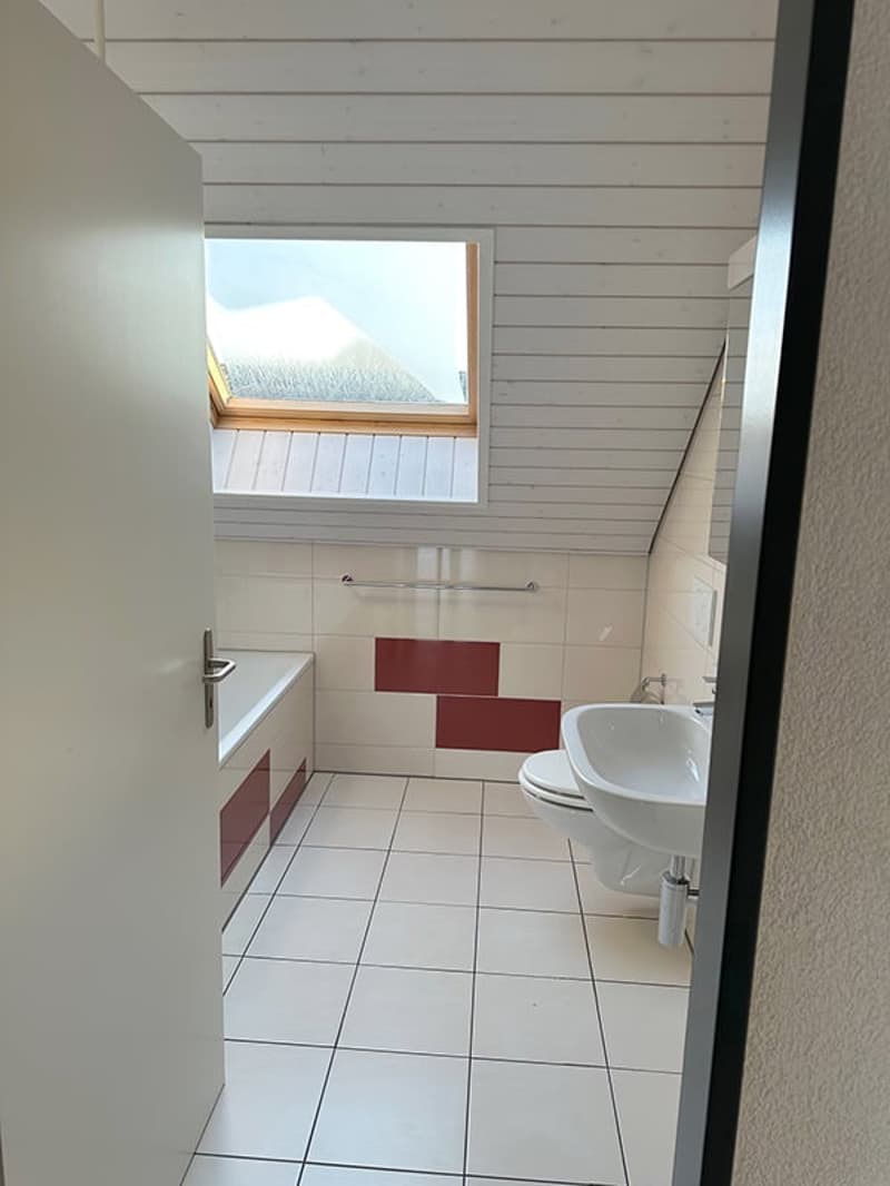 Bathroom with bathtub, toilet, sink, and a skylight window
